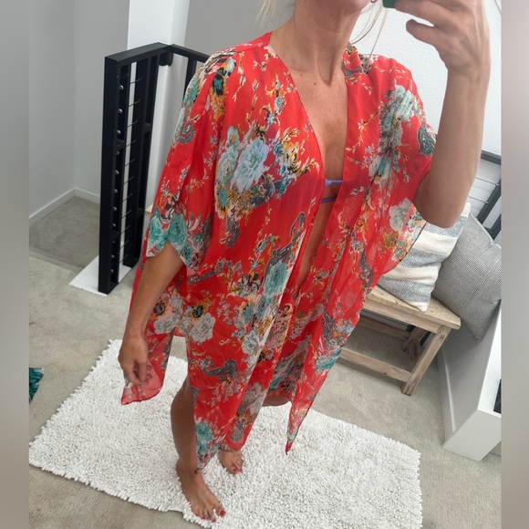 Bohemian floral chiffon swim coverup summer vacation beach pool casual party M - Picture 4 of 10